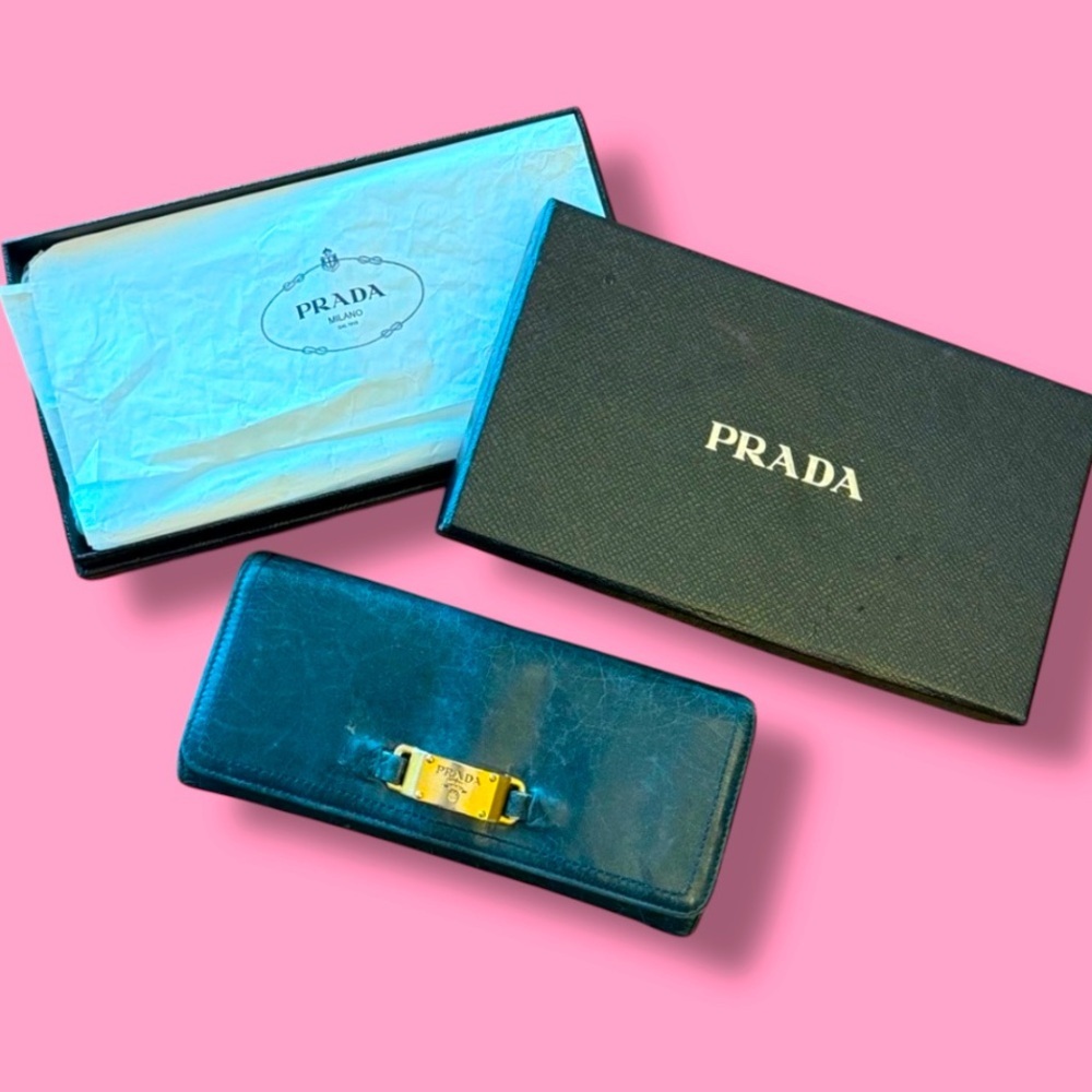 Prada Long Double Snap Flap Wallet Distressed Blue Green Leather Gold Hardware
